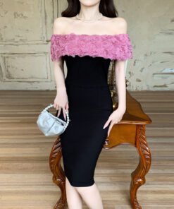 one-shoulder elastic slim hip rose splicing dress temperament elegant dress | 1233 - Image 4