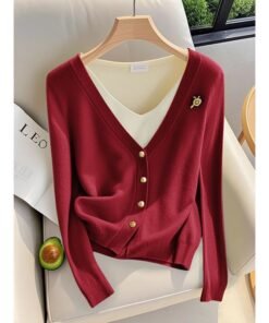 French style fake two-piece green knitted cardigan women's  top | 1251 - Image 9