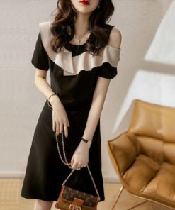 short sleeve off the shoulder slim stitching three-dimensional ruffled little black dress | 1253 - Image 6