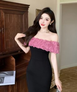 one-shoulder elastic slim hip rose splicing dress temperament elegant dress | 1233 - Image 5