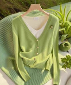 French style fake two-piece green knitted cardigan women's  top | 1251