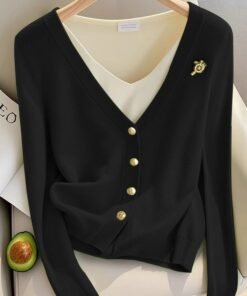 French style fake two-piece green knitted cardigan women's  top | 1251 - Image 12