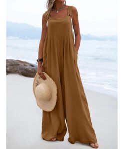 National Style Fashion Button Solid Color Wide Leg Jumpsuit Women | 1227 - Image 81