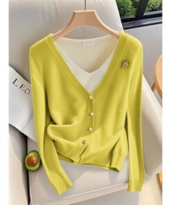Alternative view of French style fake two-piece green knitted cardigan women's  top | 1251