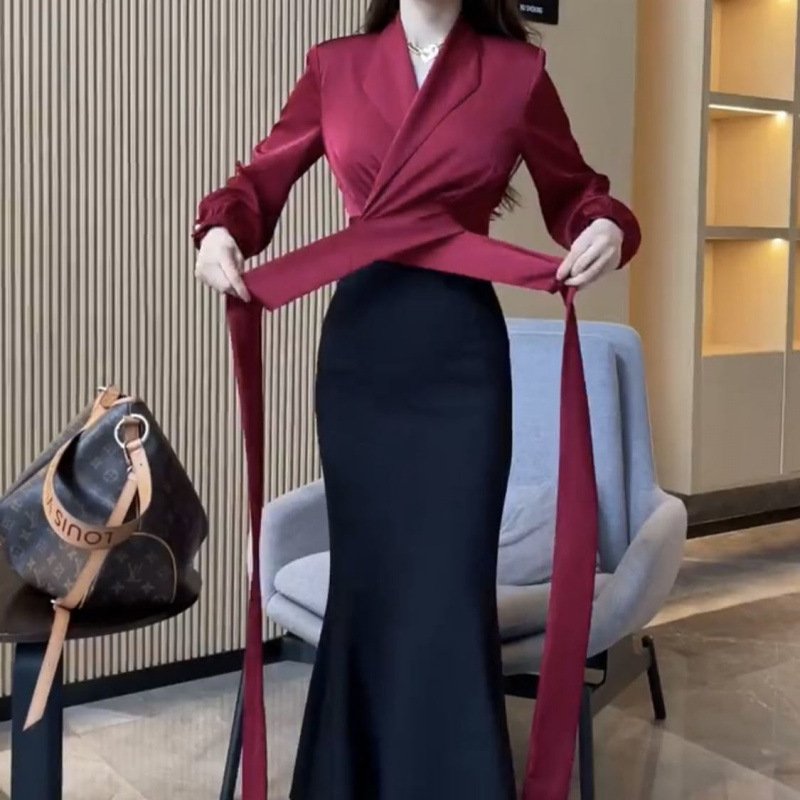 Acetate Satin Tie Shirt Women's Slim Fit Versatile Shirt Top | 1225