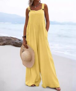 National Style Fashion Button Solid Color Wide Leg Jumpsuit Women | 1227 - Image 3