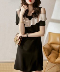 short sleeve off the shoulder slim stitching three-dimensional ruffled little black dress | 1253 - Image 4