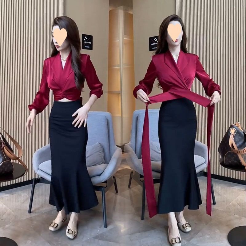 Acetate Satin Tie Shirt Women's Slim Fit Versatile Shirt Top | 1225 - Image 2