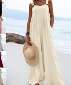 National Style Fashion Button Solid Color Wide Leg Jumpsuit Women | 1227