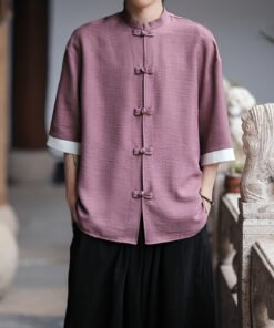 anti-wrinkle ice silk shirt men's large size loose five-quarter sleeve Tang suit new Hong Kong style | 1244 - Image 3