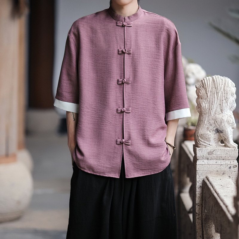 anti-wrinkle ice silk shirt men's large size loose five-quarter sleeve Tang suit new Hong Kong style | 1244 - Image 3