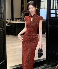 retro elegant tight slim short sleeve festive red annual meeting mid-length dress cheongsam | 1246 - Image 8