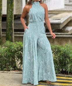 round neck lace-up slim-fitting printed jumpsuit | 1236 - Image 21