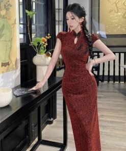 Alternative view of retro elegant tight slim short sleeve festive red annual meeting mid-length dress cheongsam | 1246