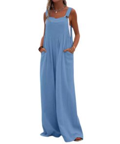 National Style Fashion Button Solid Color Wide Leg Jumpsuit Women | 1227 - Image 4