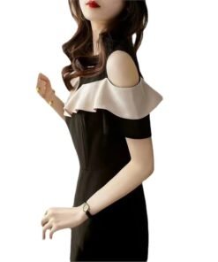 short sleeve off the shoulder slim stitching three-dimensional ruffled little black dress | 1253 - Image 5