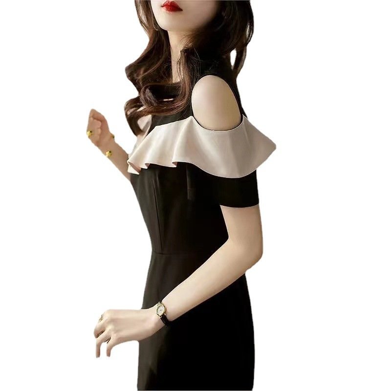 short sleeve off the shoulder slim stitching three-dimensional ruffled little black dress | 1253 - Image 5