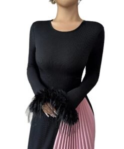 pleated ostrich feather temperament dress black snowy | 1230 - Image 4
