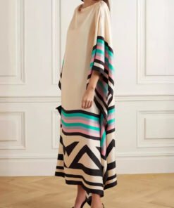 comfortable and fashionable solid color printed casual oblique shoulder long dress | 1242 - Image 27