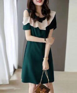short sleeve off the shoulder slim stitching three-dimensional ruffled little black dress | 1253 - Image 13