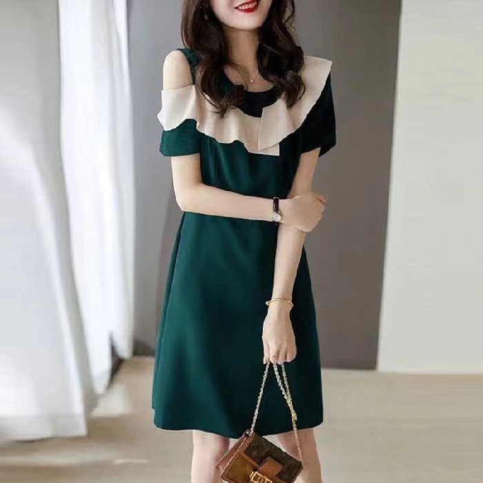 short sleeve off the shoulder slim stitching three-dimensional ruffled little black dress | 1253 - Image 11
