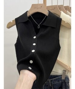 women's celebrity collar vest cardigan short bottoming shirt | 1235 - Image 4