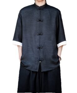anti-wrinkle ice silk shirt men's large size loose five-quarter sleeve Tang suit new Hong Kong style | 1244 - Image 5