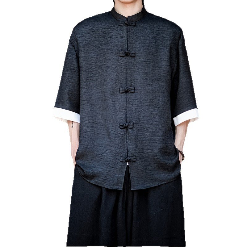 anti-wrinkle ice silk shirt men's large size loose five-quarter sleeve Tang suit new Hong Kong style | 1244 - Image 5