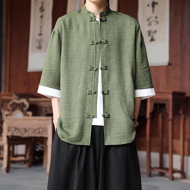 anti-wrinkle ice silk shirt men's large size loose five-quarter sleeve Tang suit new Hong Kong style | 1244 - Image 26