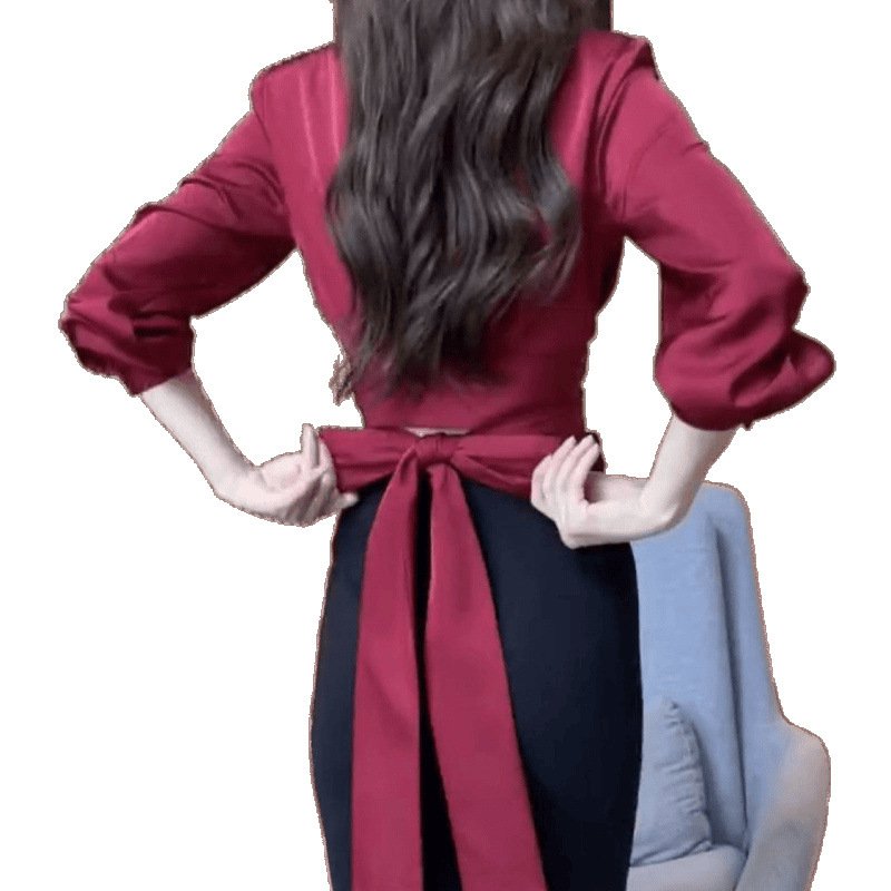 Acetate Satin Tie Shirt Women's Slim Fit Versatile Shirt Top | 1225 - Image 5