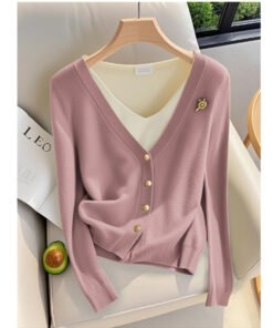 French style fake two-piece green knitted cardigan women's  top | 1251 - Image 4