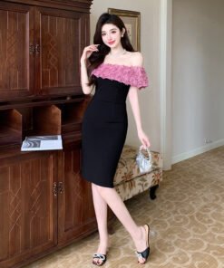 one-shoulder elastic slim hip rose splicing dress temperament elegant dress | 1233 - Image 3