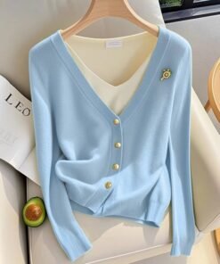 French style fake two-piece green knitted cardigan women's  top | 1251 - Image 10
