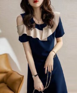 short sleeve off the shoulder slim stitching three-dimensional ruffled little black dress | 1253 - Image 19