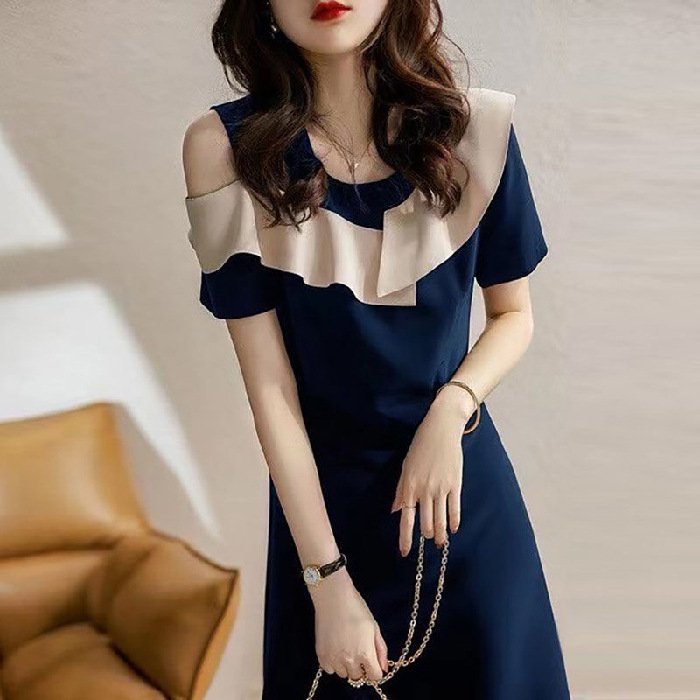 short sleeve off the shoulder slim stitching three-dimensional ruffled little black dress | 1253 - Image 16