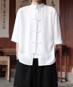 anti-wrinkle ice silk shirt men's large size loose five-quarter sleeve Tang suit new Hong Kong style | 1244 - Image 4