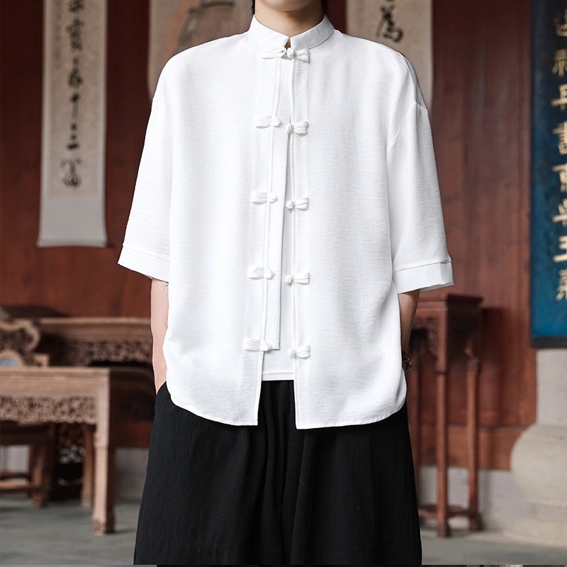 anti-wrinkle ice silk shirt men's large size loose five-quarter sleeve Tang suit new Hong Kong style | 1244 - Image 4