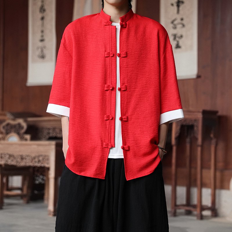 anti-wrinkle ice silk shirt men's large size loose five-quarter sleeve Tang suit new Hong Kong style | 1244 - Image 31