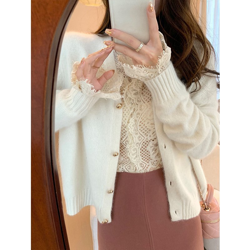 stylish collar short slim hollow lace shirt for women | 1255 - Image 3
