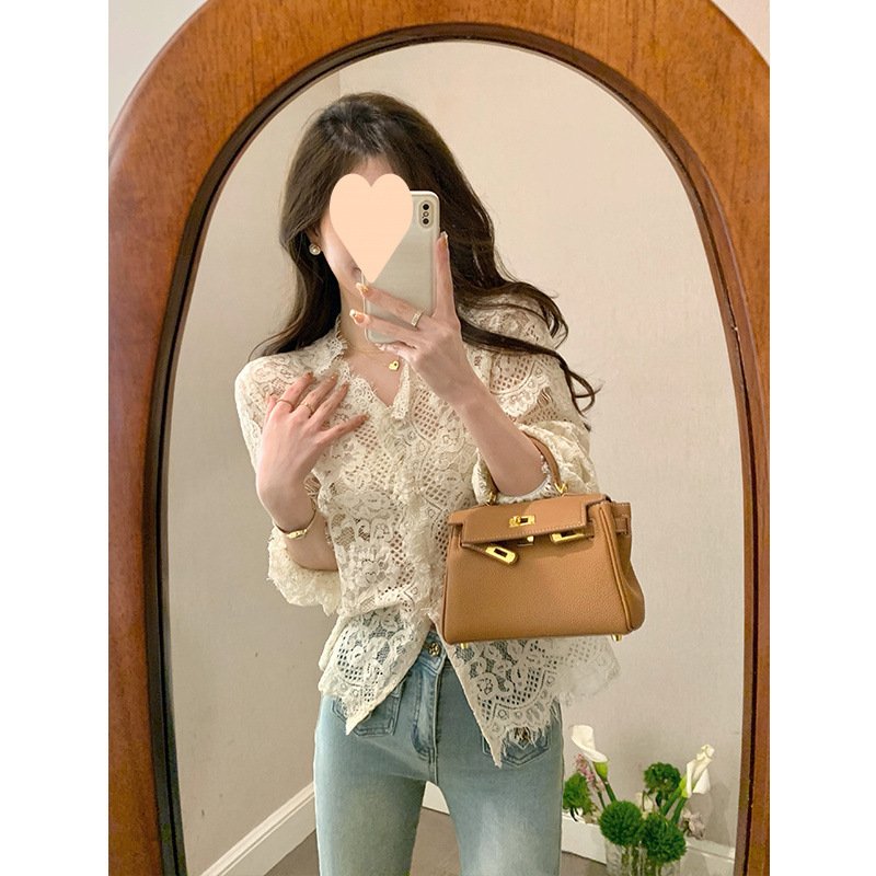 stylish collar short slim hollow lace shirt for women | 1255 - Image 2