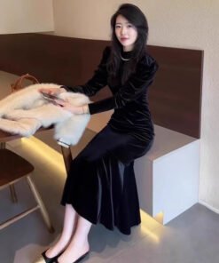 gold velvet dress women's slim long-sleeved mermaid long skirt | 1257 - Image 8