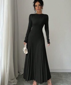 long sleeve knitted long skirt pleated dress elegant | 1258 - Image 10