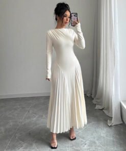 long sleeve knitted long skirt pleated dress elegant | 1258