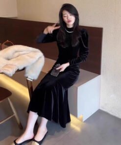 Alternative view of gold velvet dress women's slim long-sleeved mermaid long skirt | 1257