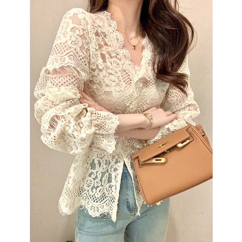 stylish collar short slim hollow lace shirt for women | 1255 - Image 6