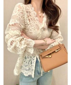 stylish collar short slim hollow lace shirt for women | 1255 - Image 8