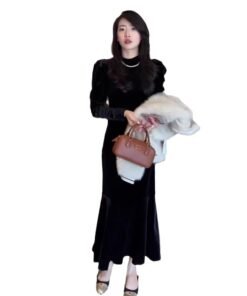 gold velvet dress women's slim long-sleeved mermaid long skirt | 1257 - Image 5