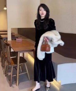 gold velvet dress women's slim long-sleeved mermaid long skirt | 1257 - Image 3